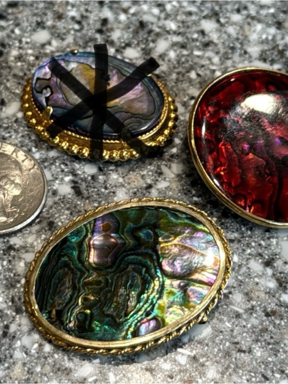 Set of two abalone shell pins/ pendant with gold filled metal frames
